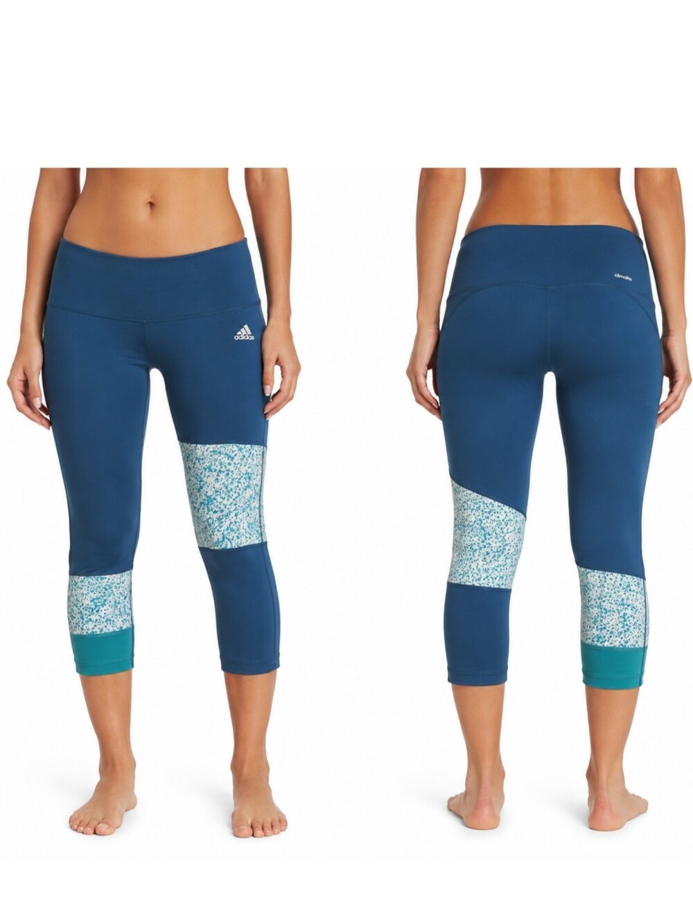 Adidas Womens Climalite Capri Leggings Size M Blue Teal Speckled Colorblock